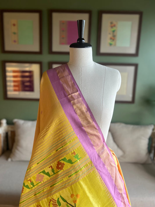 Yellow Cotton Paithani with Pink Border and Lotus Pallu