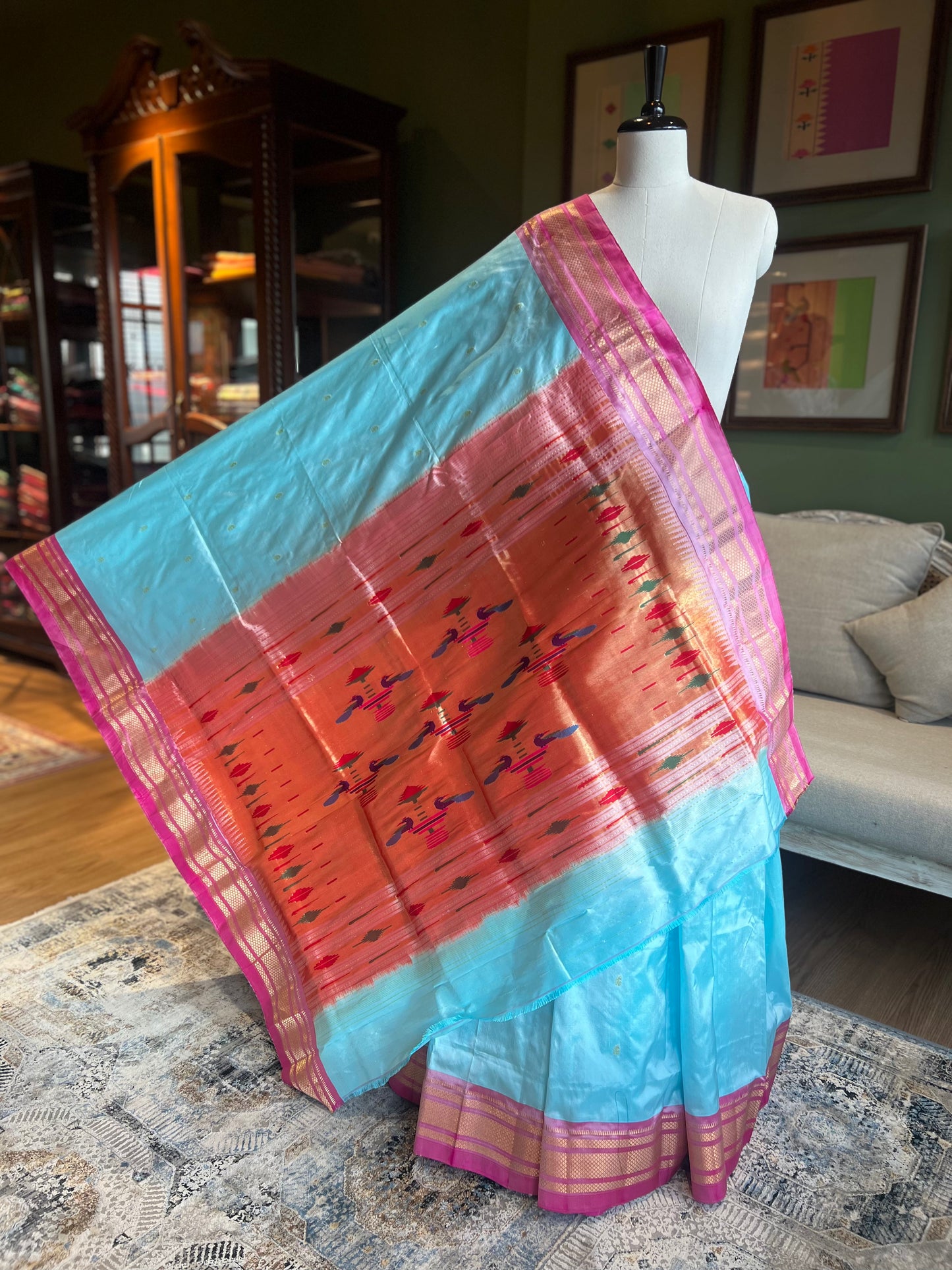 Light Blue Paithani with Pink Border and Classic Pallu