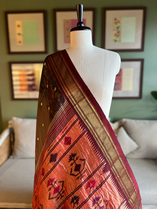 Grey/Maroon Kalamkari x Paithani with Asavali Pallu