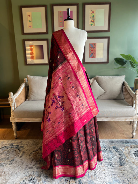 Red/Black Kalamkari x Paithani with Peacock Pallu