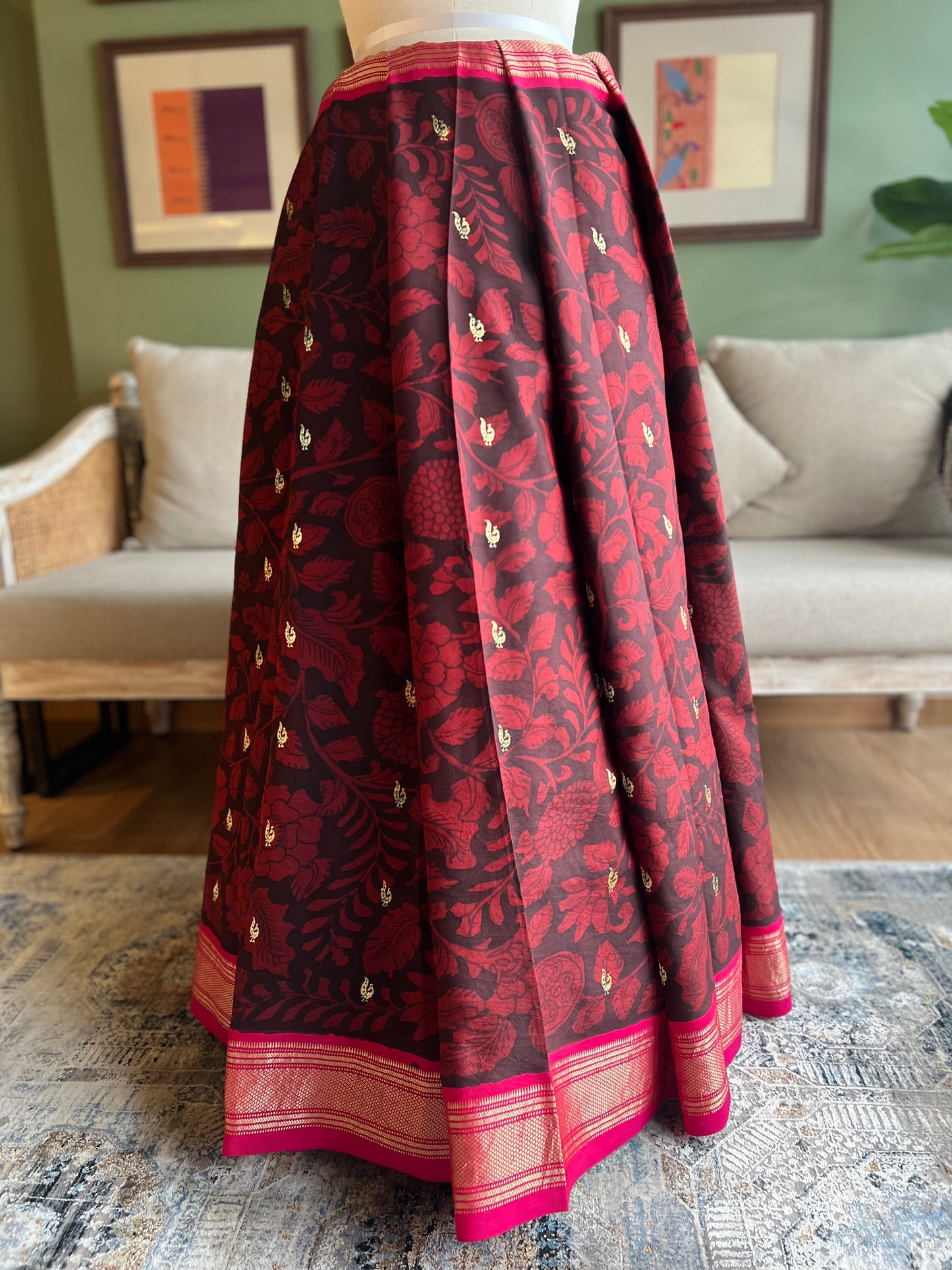 Red/Black Kalamkari x Paithani with Peacock Pallu
