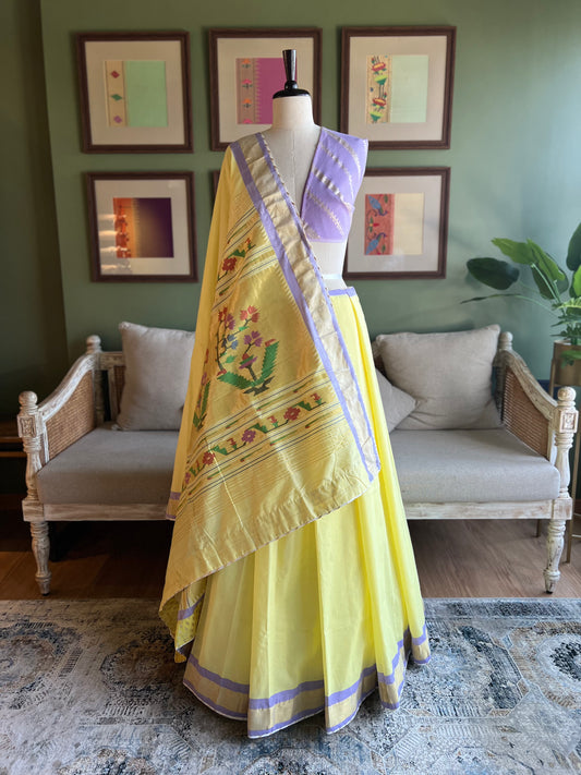 Lemon Yellow Cotton Paithani with Lilac Border and Asavali Pallu