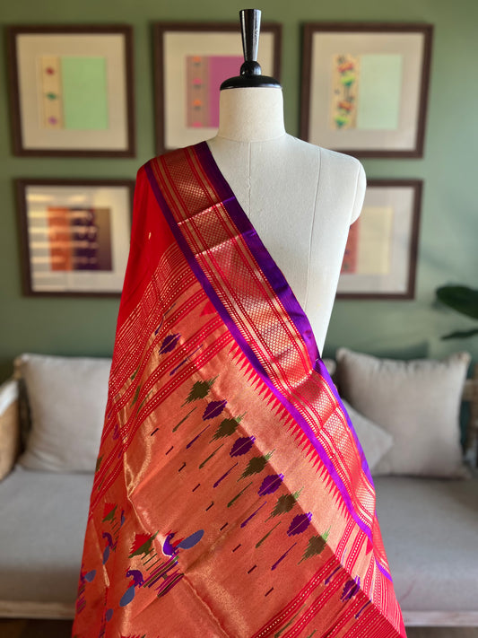 Red Paithani with Contrast Border and Classic Peacock Pallu