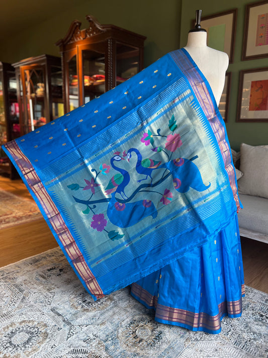 Blue Paithani with Contrast Border and Large Peacock Pallu