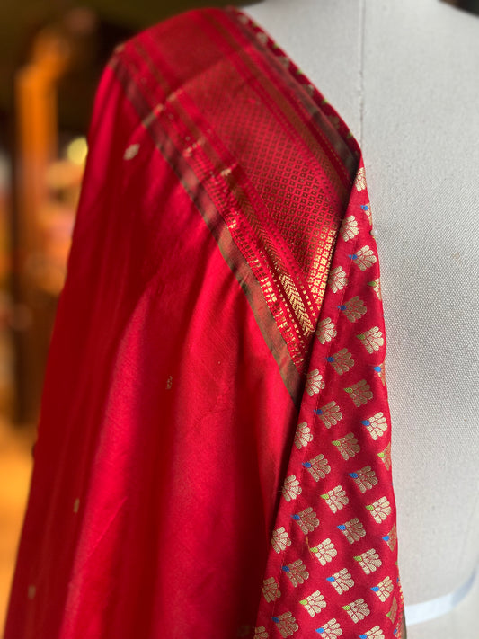 Red Dupatta with Narali Border, Peacock Pallu and Edge Detailing