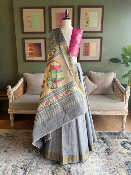 Grey Cotton Paithani with Lotus Pallu