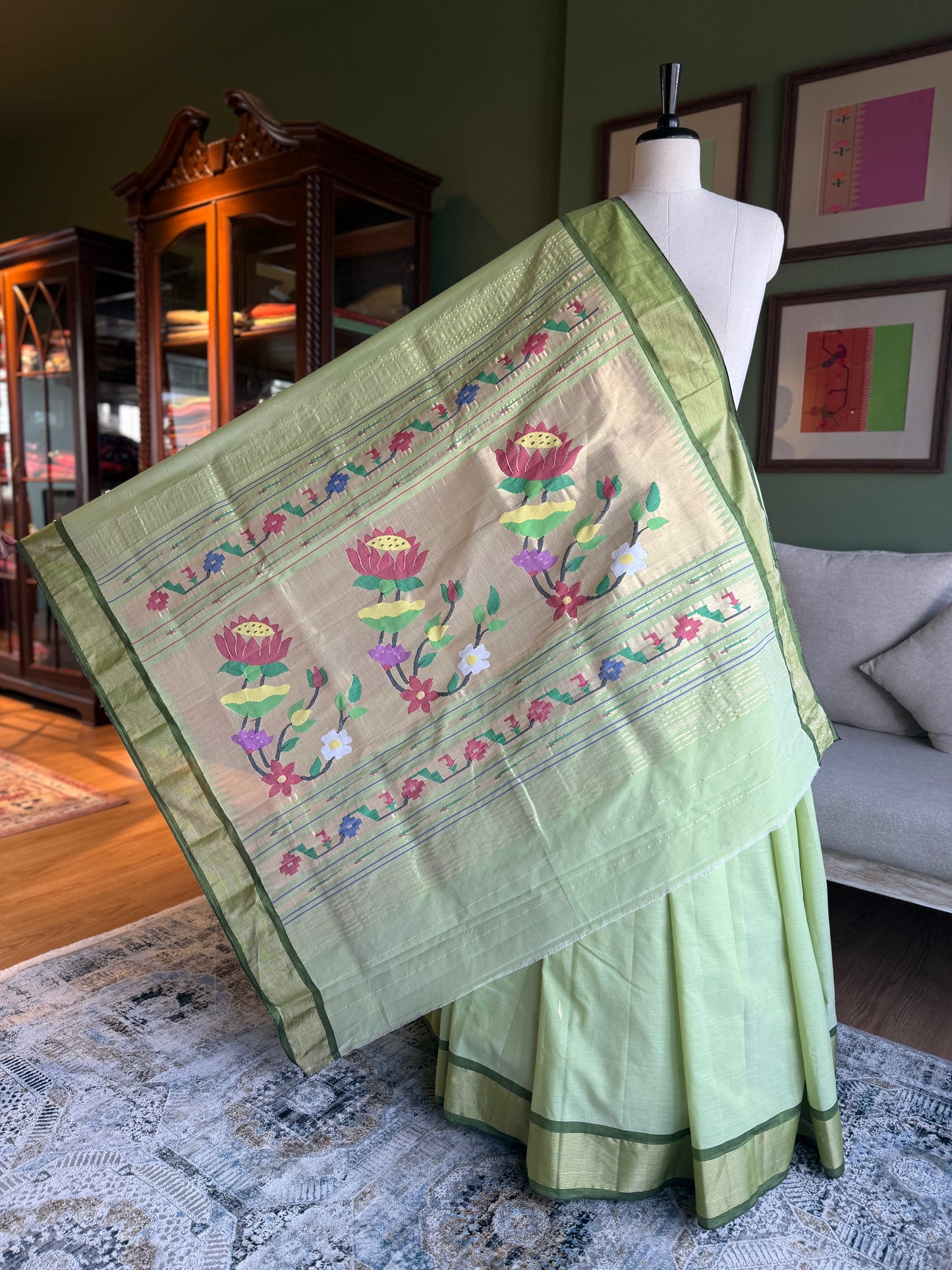 Pista Green Cotton Paithani with Lotus Pallu