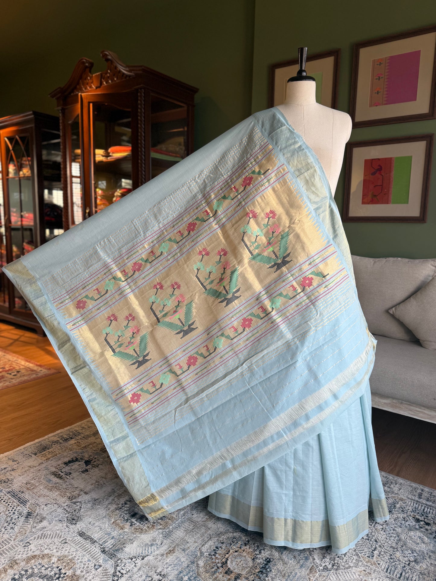 Pale Blue Cotton Paithani with Asavali Pallu