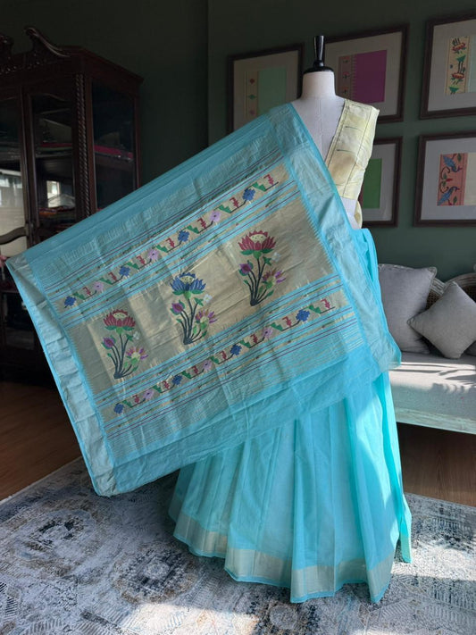 Light Blue Cotton Paithani with Lotus Pallu