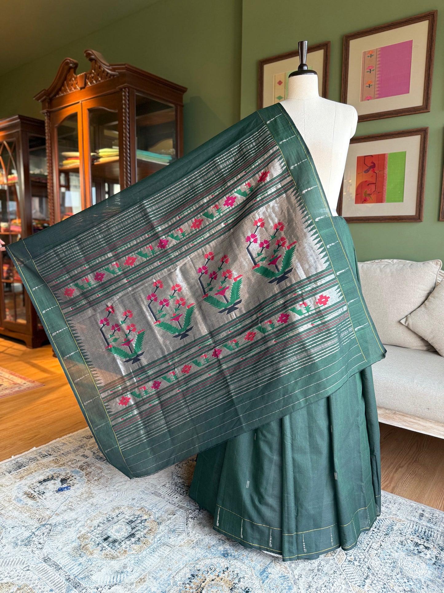 Dark Green Cotton Paithani with Muniya Border and Asavali Pallu