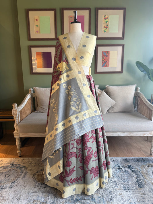 Red and Grey Kalamkari x Paithani with Asavali Pallu