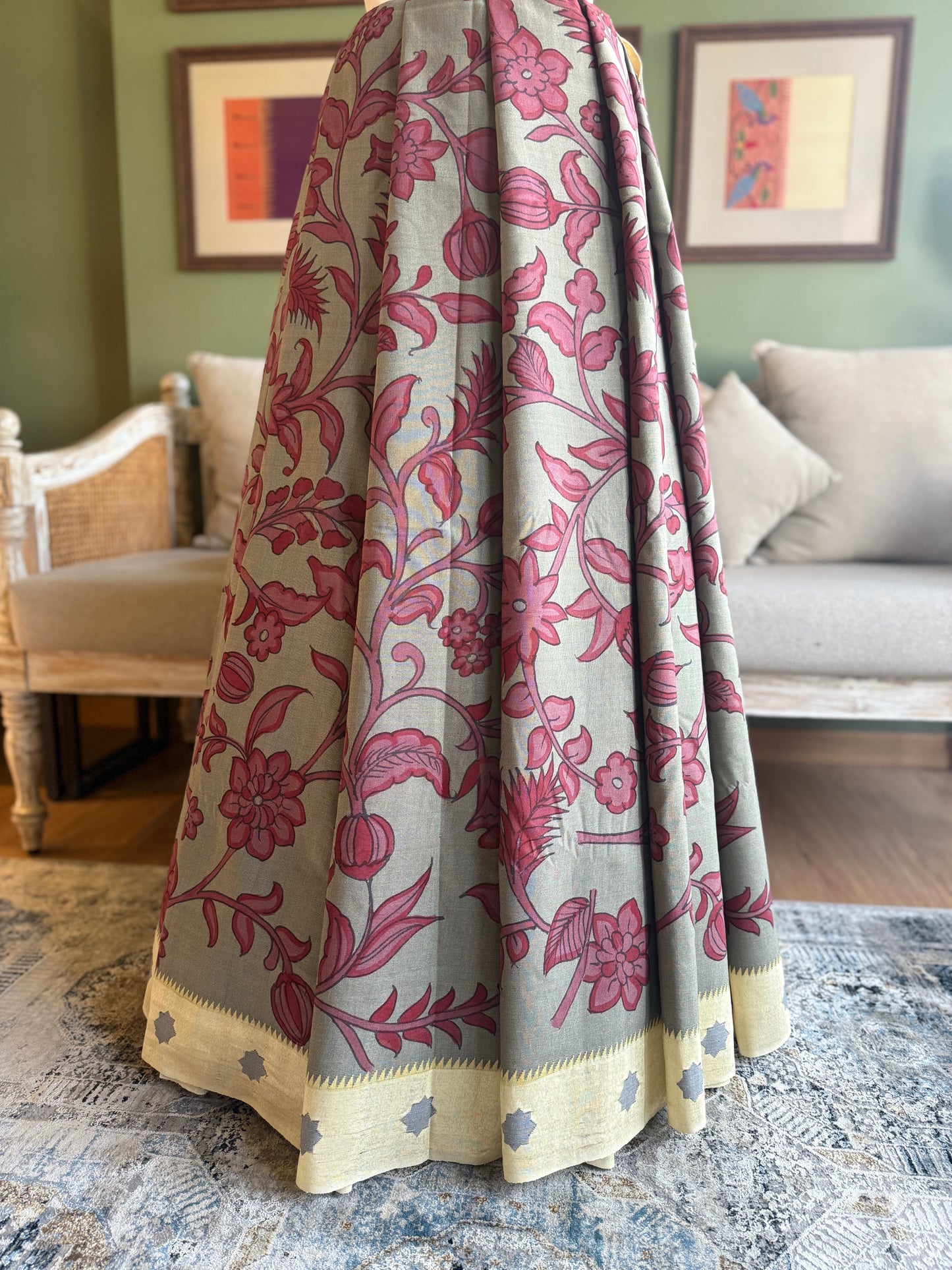 Red and Grey Kalamkari x Paithani with Asavali Pallu