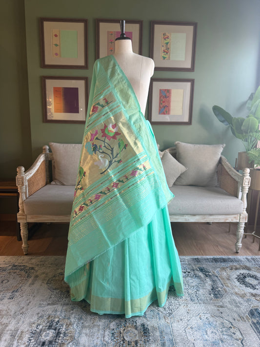 Minty Blue Cotton Paithani with Swan-Peacock Pallu