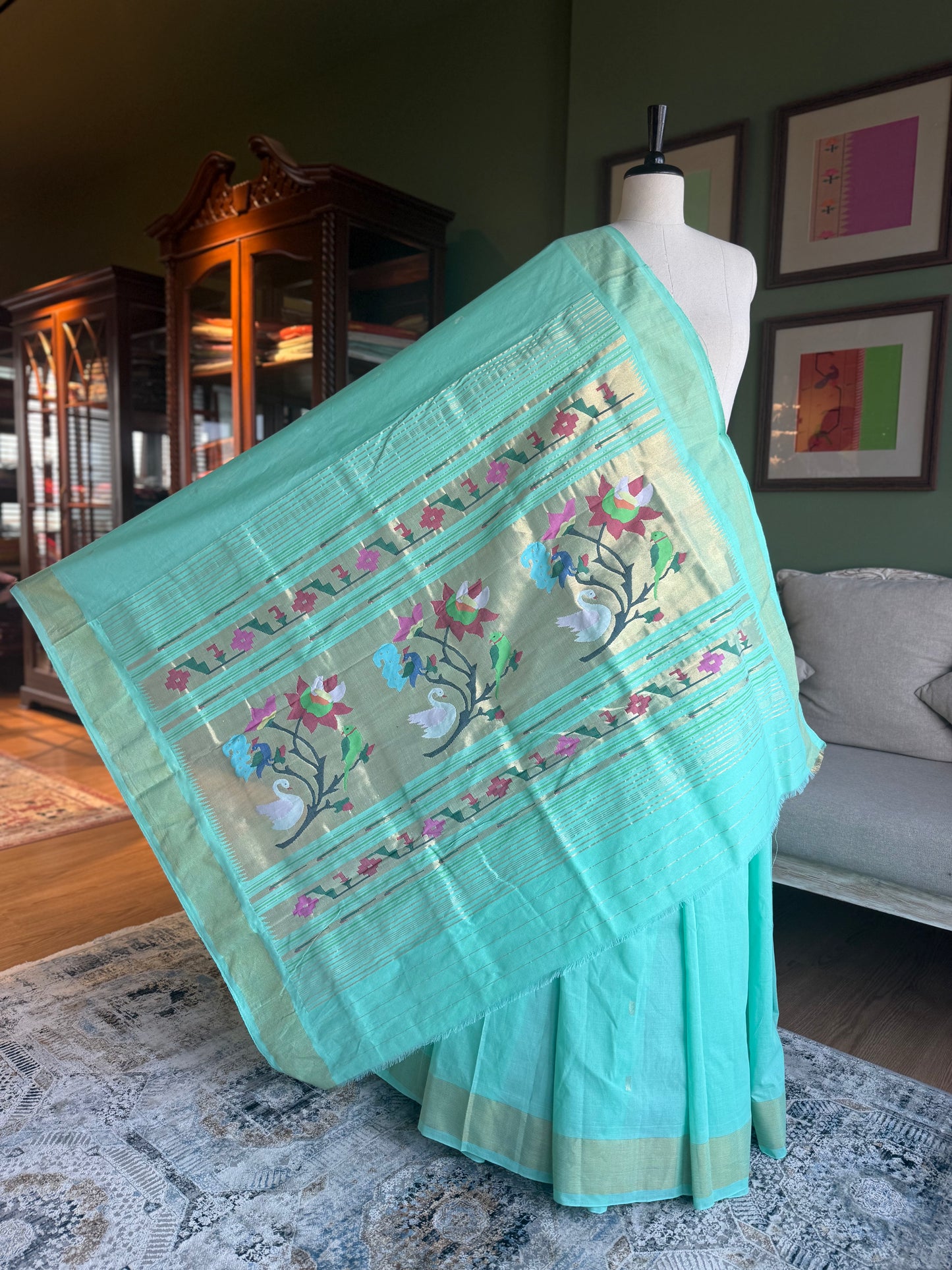 Minty Blue Cotton Paithani with Swan-Peacock Pallu