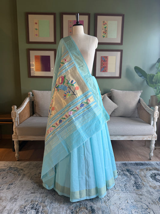 Light Blue Cotton Paithani with Peacock-Lotus Pallu