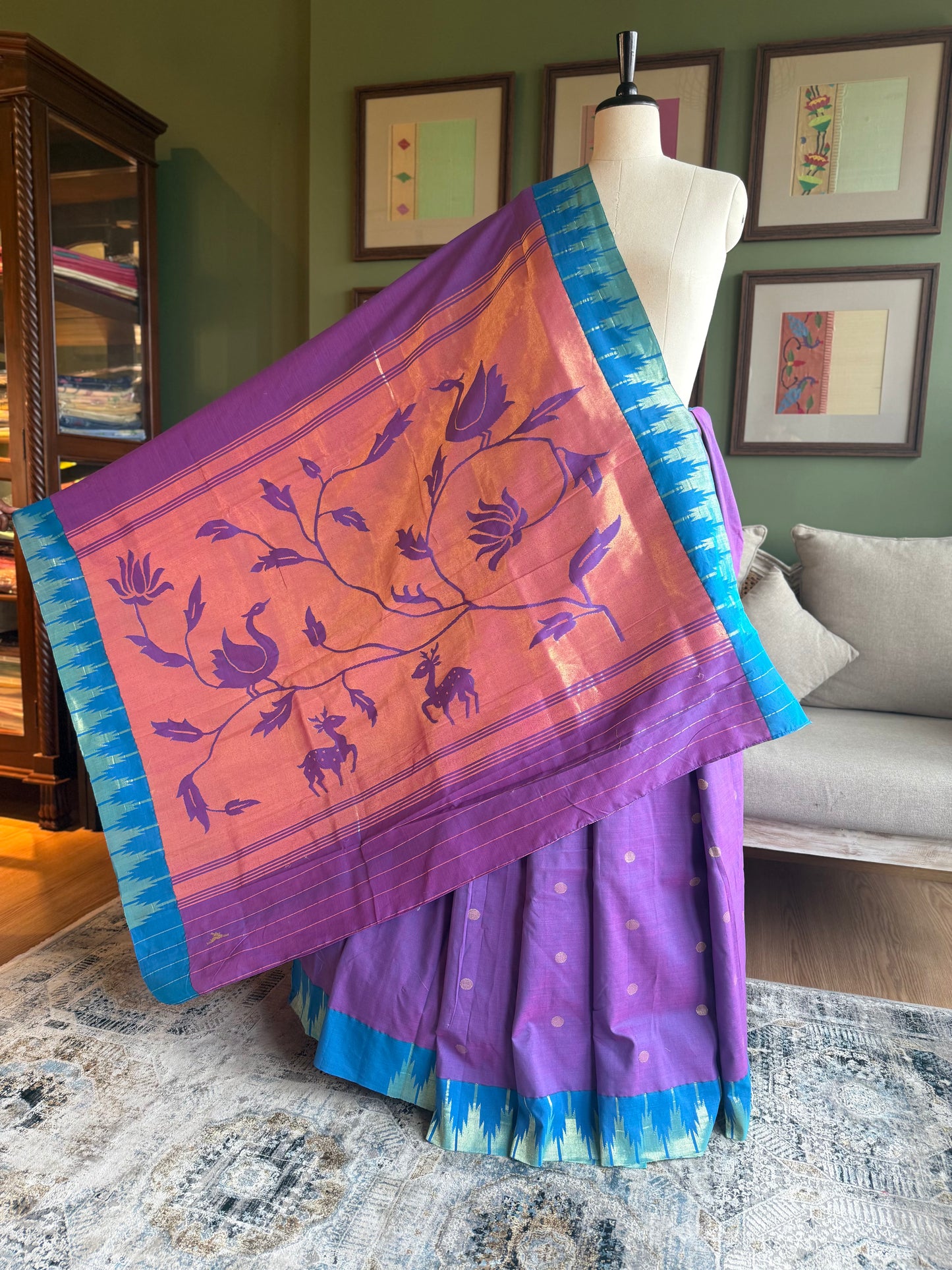Purple-Blue Paithani with Panja Border & Monotone Pallu