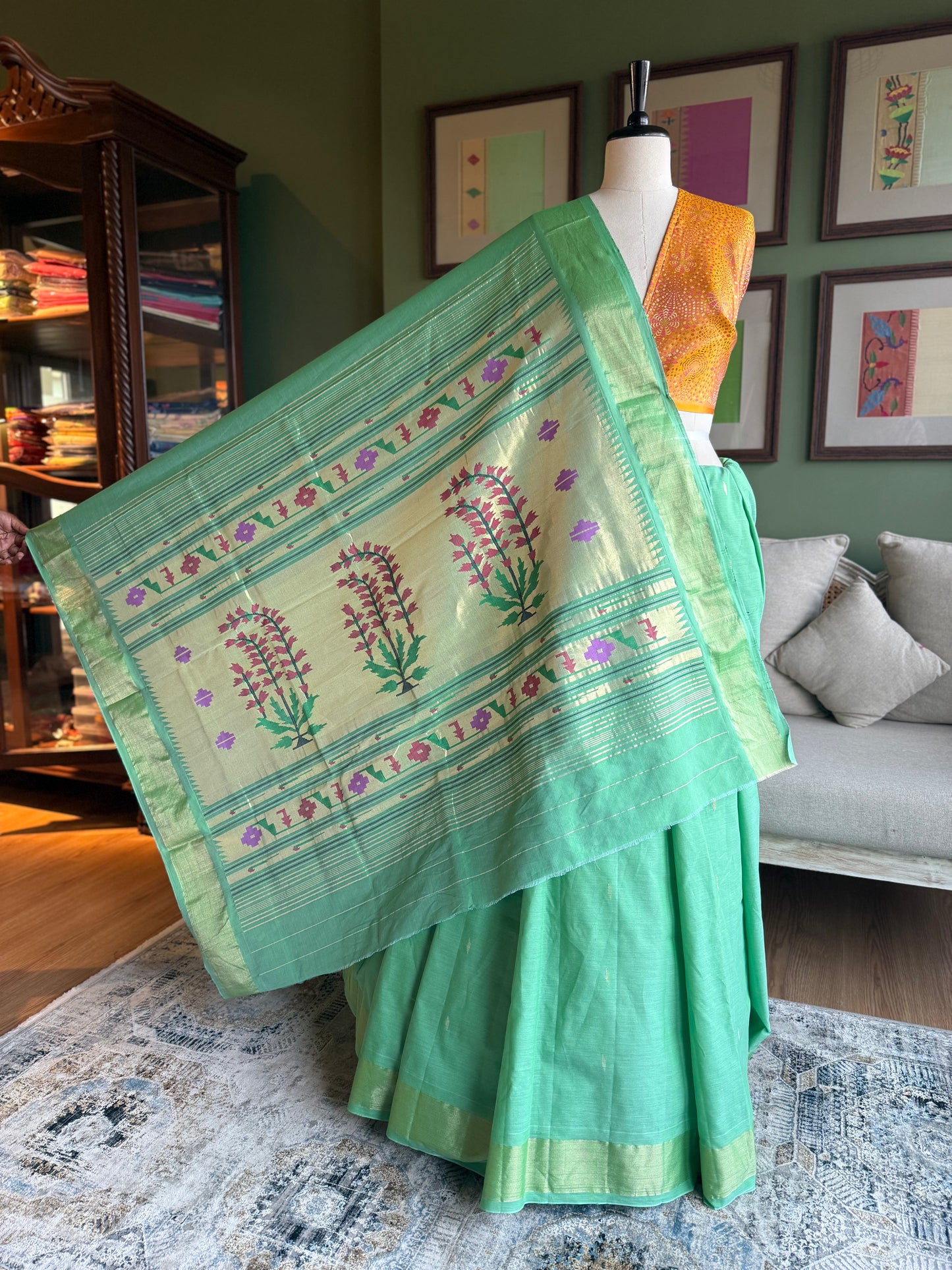 Light Green Cotton Paithani with Floral Pallu