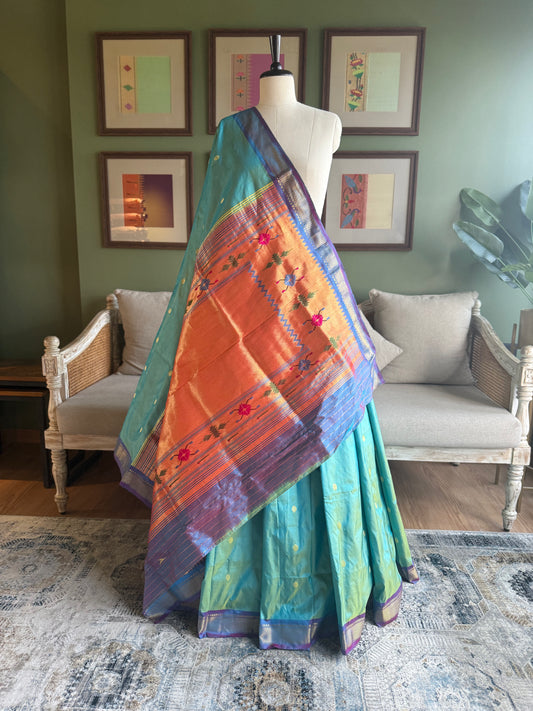 Aquamarine Paithani with Contrast Border and Tava Pallu