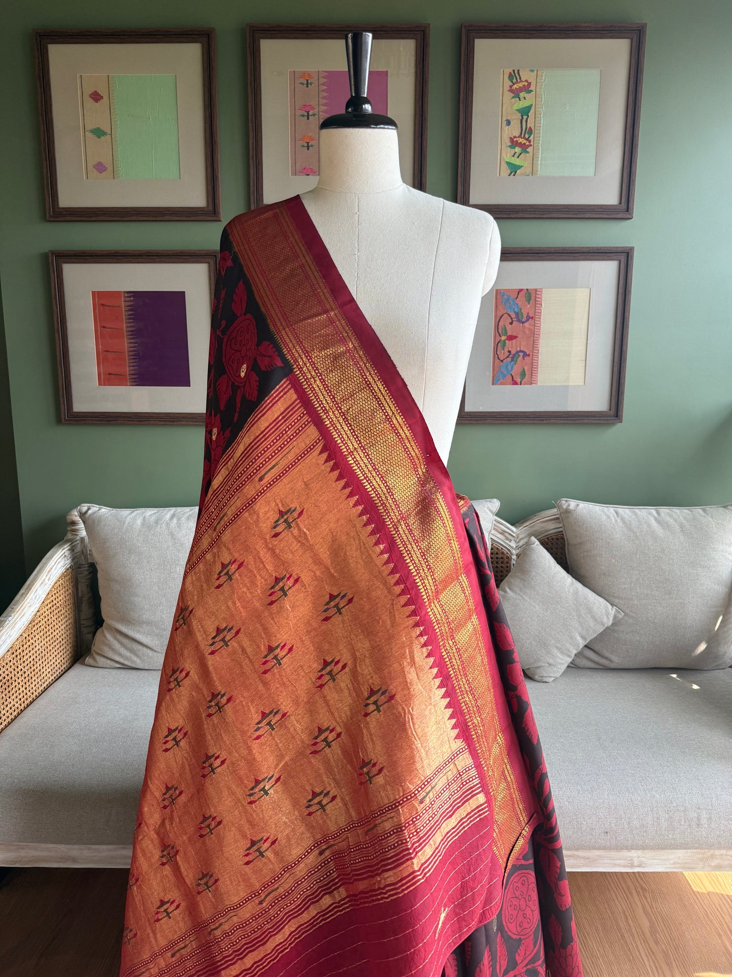 Red and Black Kalamkari x Paithani with Asavali Butti Pallu