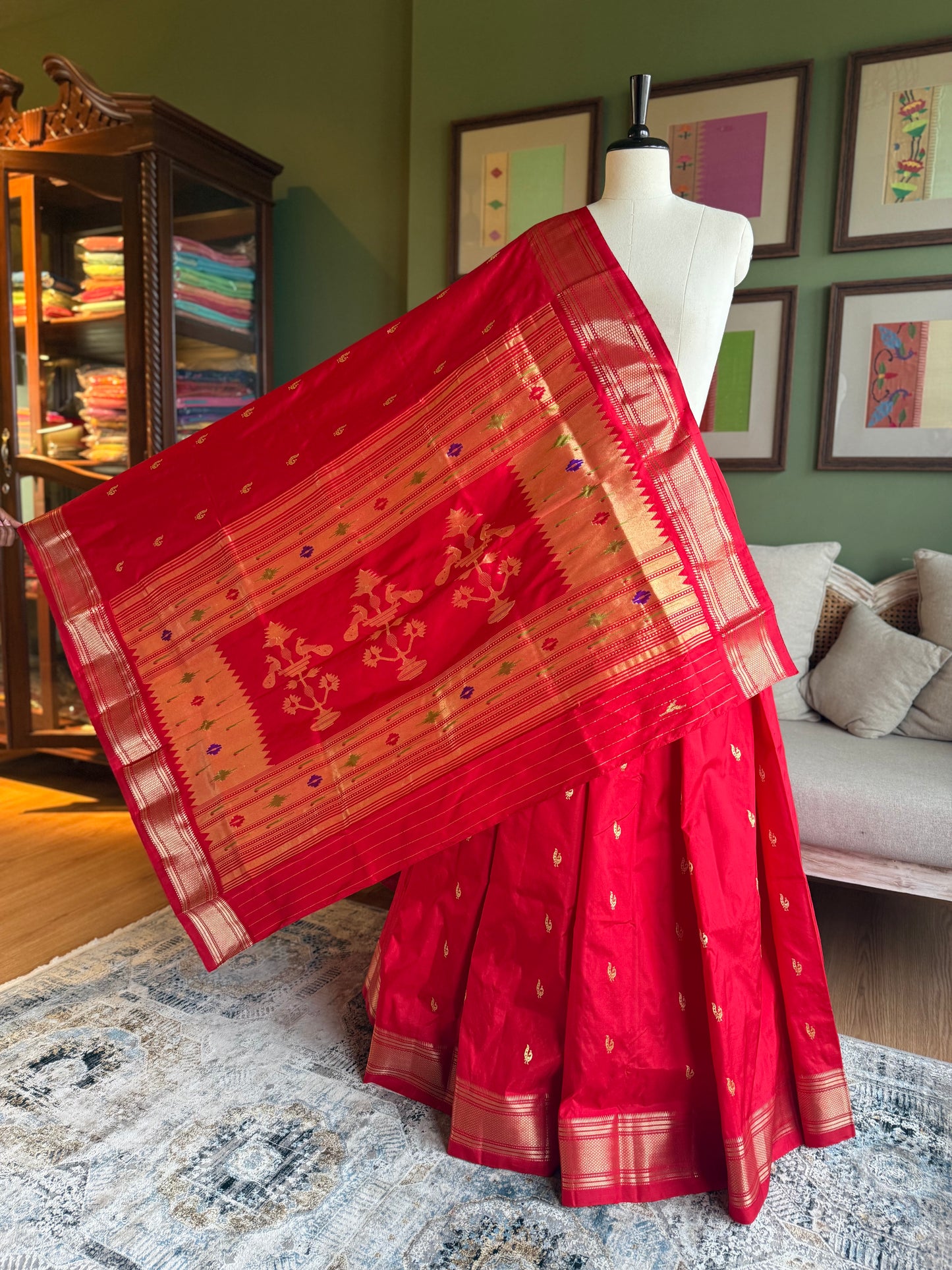 Red Paithani with Monotone Peacock Pallu