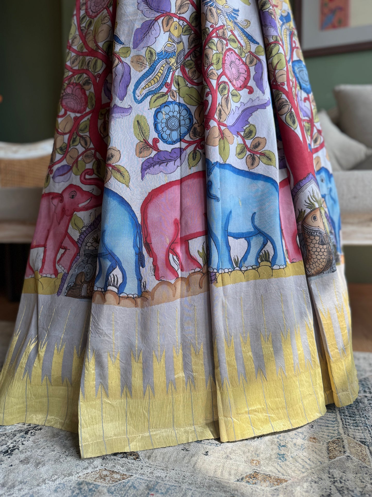 Grey Kalamkari x Paithani with Large Panja Border and Asavali Pallu