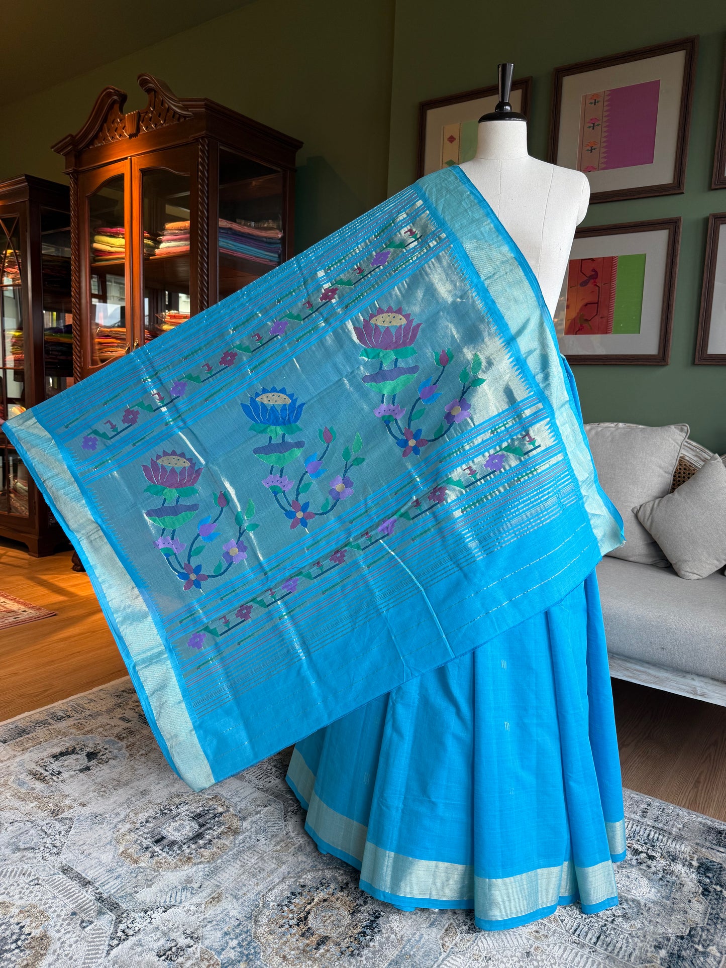 Bright Blue Paithani with Lotus Pallu