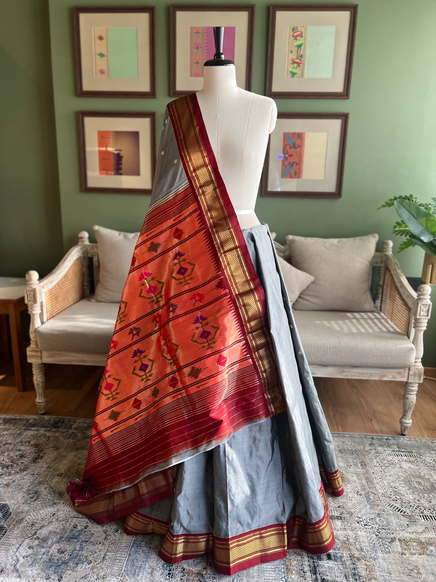 Grey Paithani with Contrast Border and Asavali Pallu