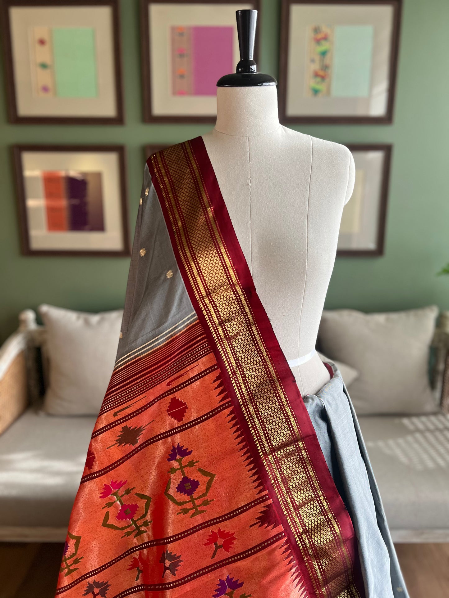 Grey Paithani with Contrast Border and Asavali Pallu