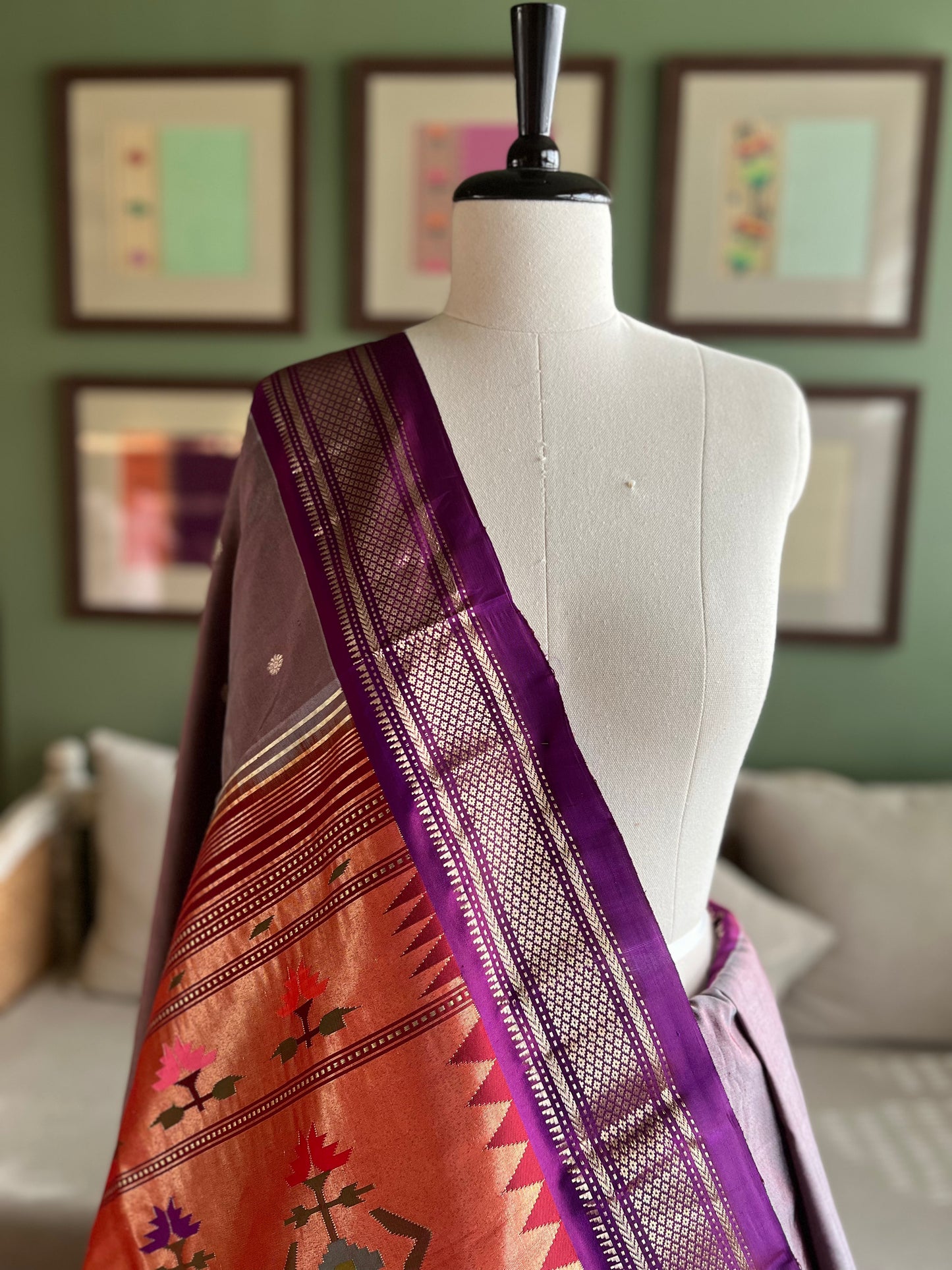 Dull Purple Paithani with Contrast Border and Asavali Pallu