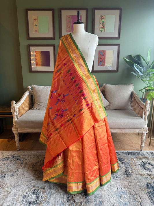 Orange Paithani with Contrast Border and Classic Pallu