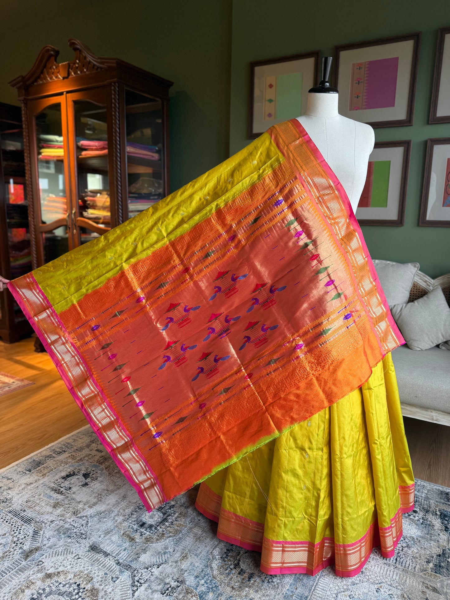 Lime Yellow Paithani with Contrast Border and Classic Pallu