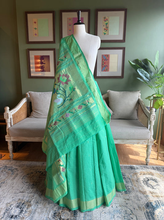 Green Cotton Paithani with Peacock/Swan Pallu