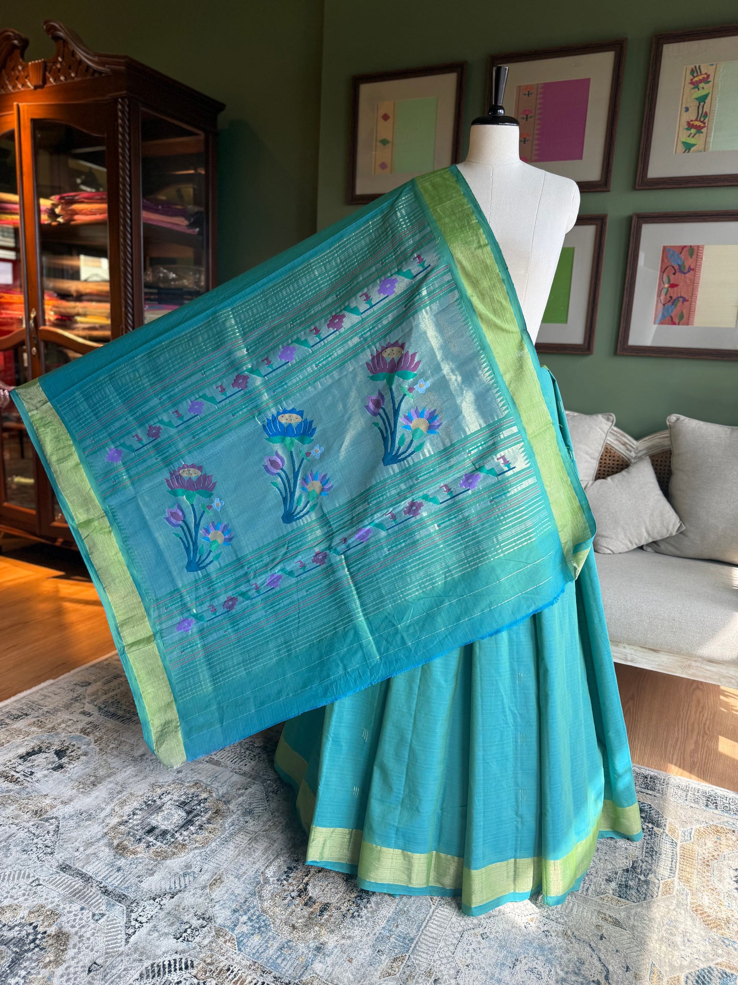 Turquoise Cotton Paithani with Lotus Pallu