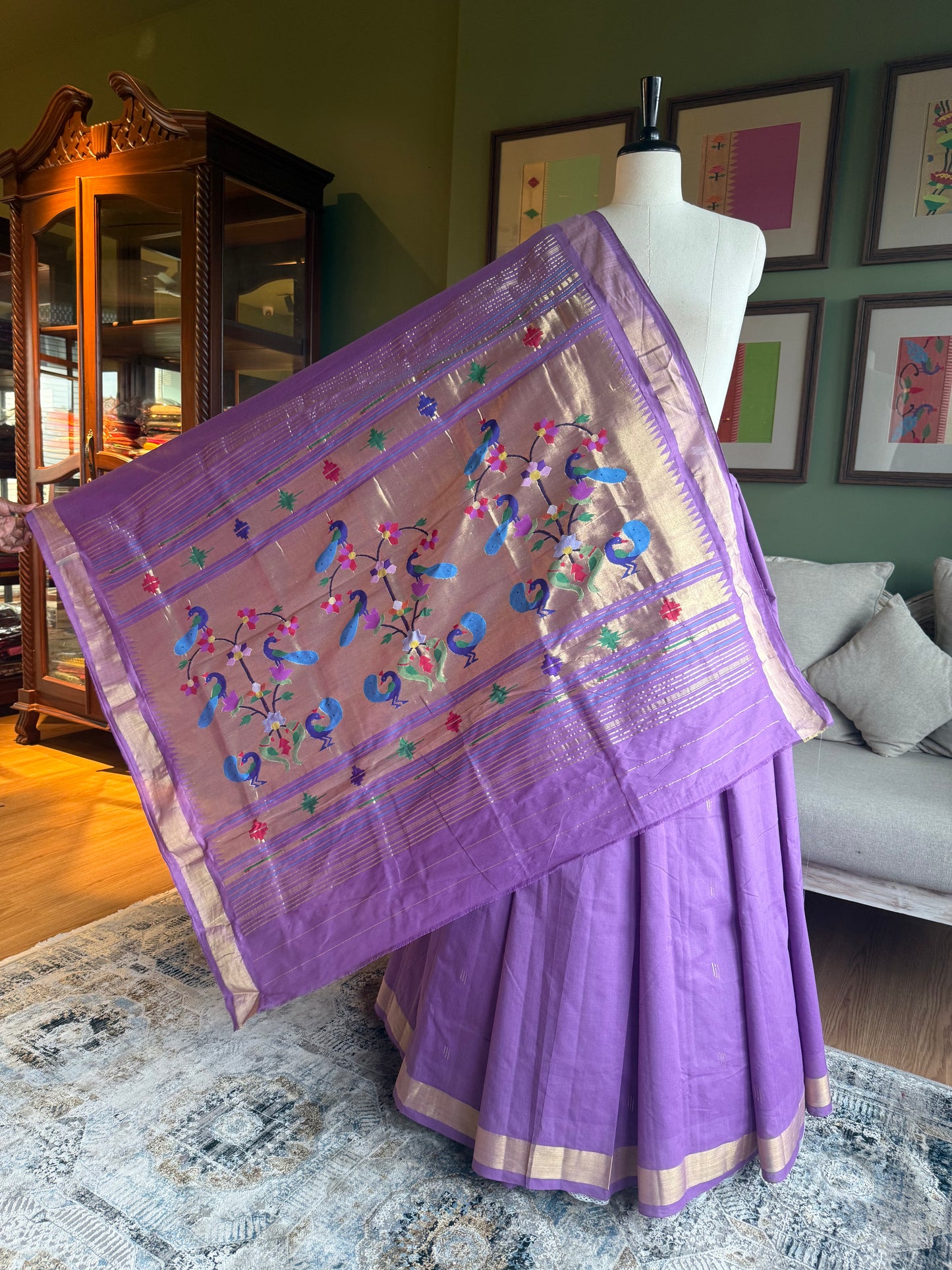 Lavender Cotton Paithani with Grand Peacock Pallu
