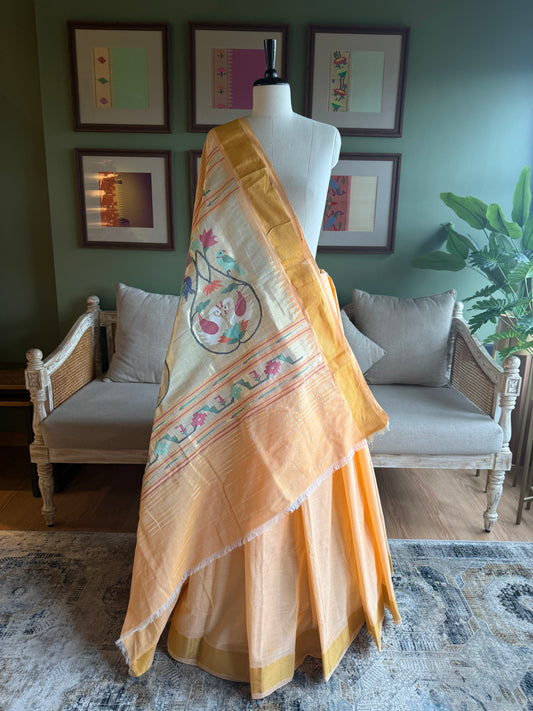 Light Yellow Cotton Paithani with Swan Pallu