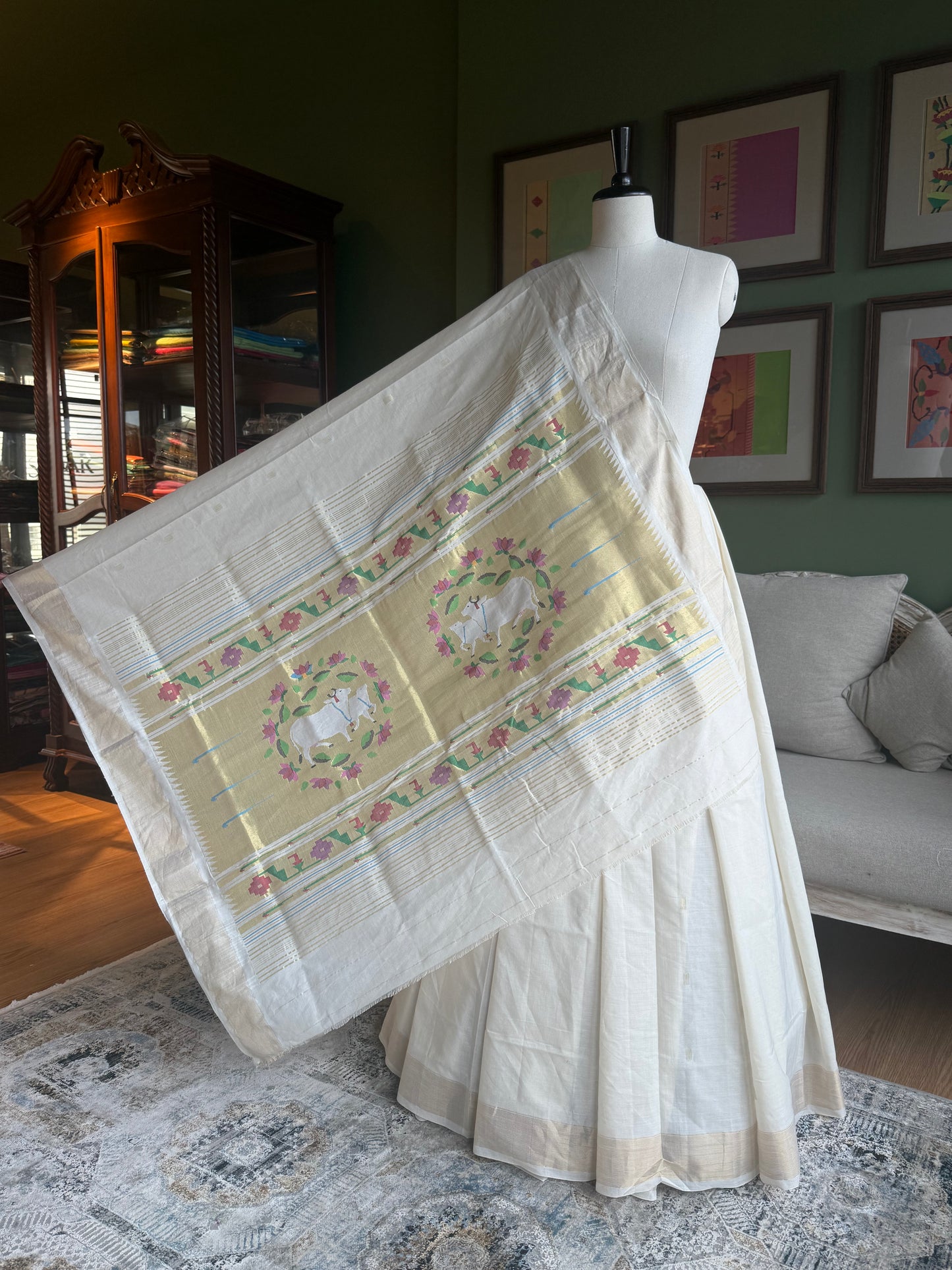 Ivory Cotton Paithani with Pichwai Pallu