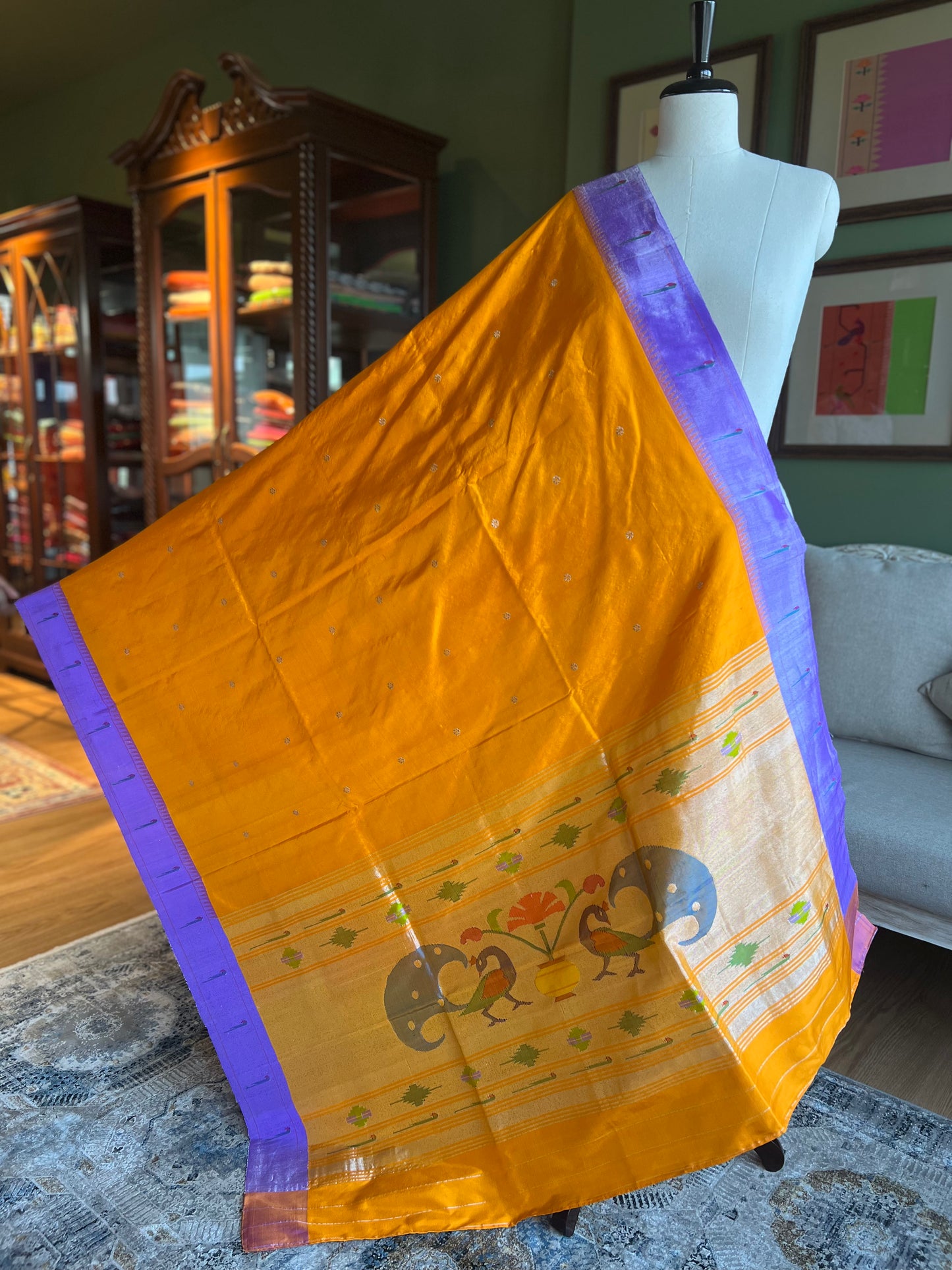 Bright Yellow Dupatta with Contrast Muniya Border and Peacock Pallu
