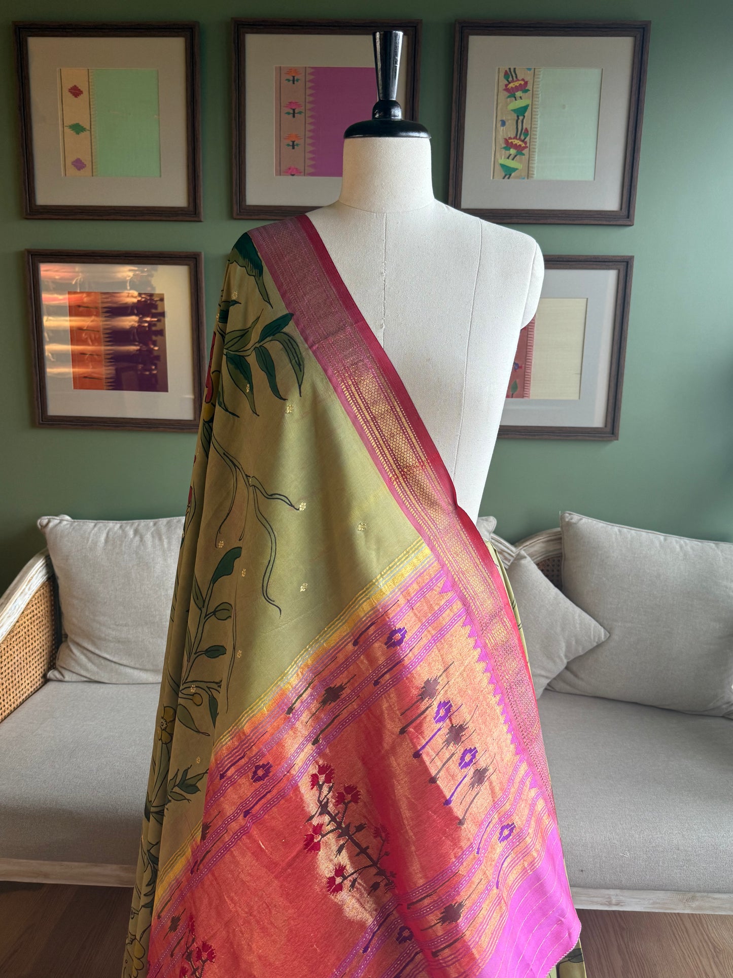 Olive and Pink Kalamkari x Paithani with Asavali Pallu
