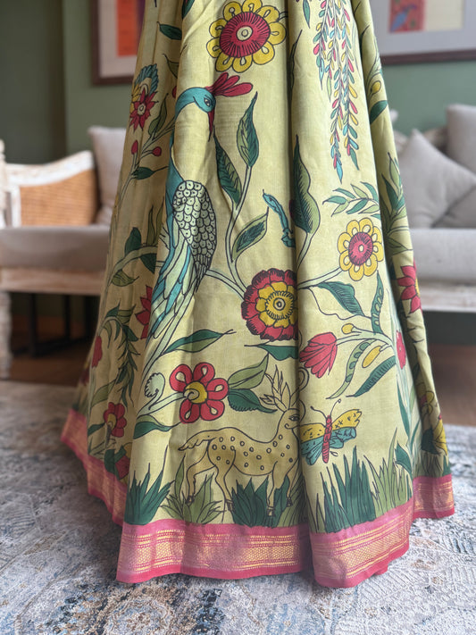 Olive and Pink Kalamkari x Paithani with Asavali Pallu