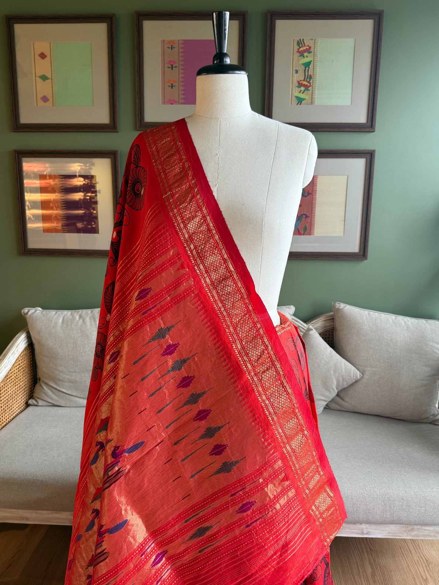 Red Kalamkari x Paithani with Classic Peacock Pallu