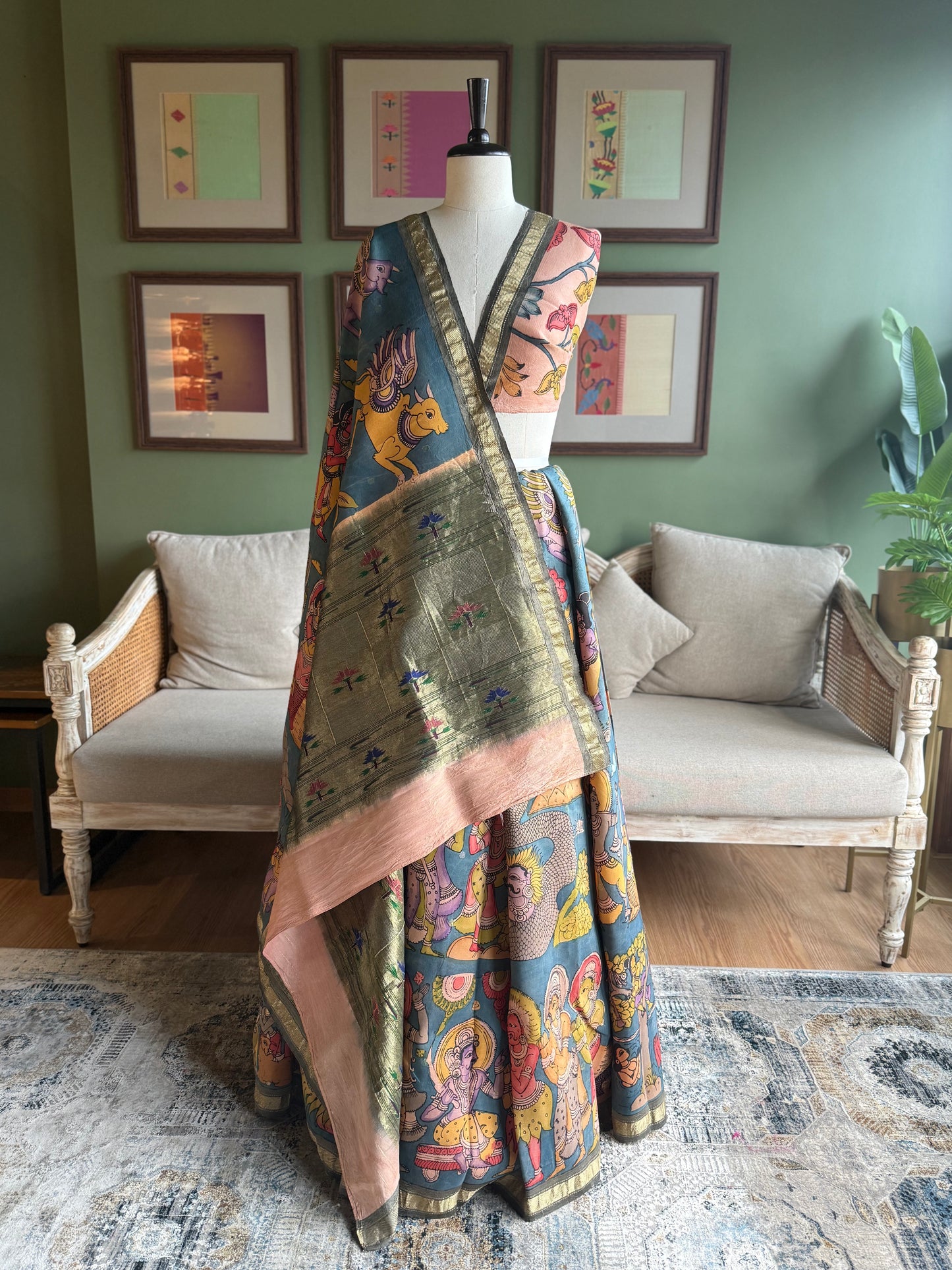 'Krishna Leela' Kalamkari x Paithani with Asavali Pallu