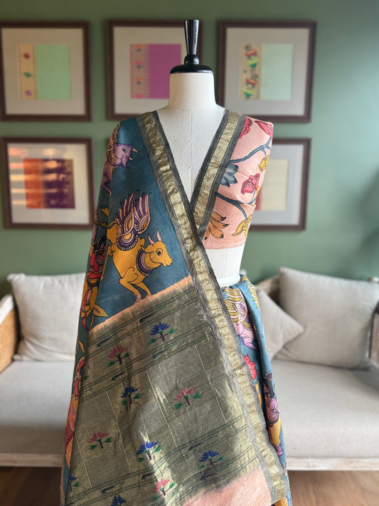 'Krishna Leela' Kalamkari x Paithani with Asavali Pallu