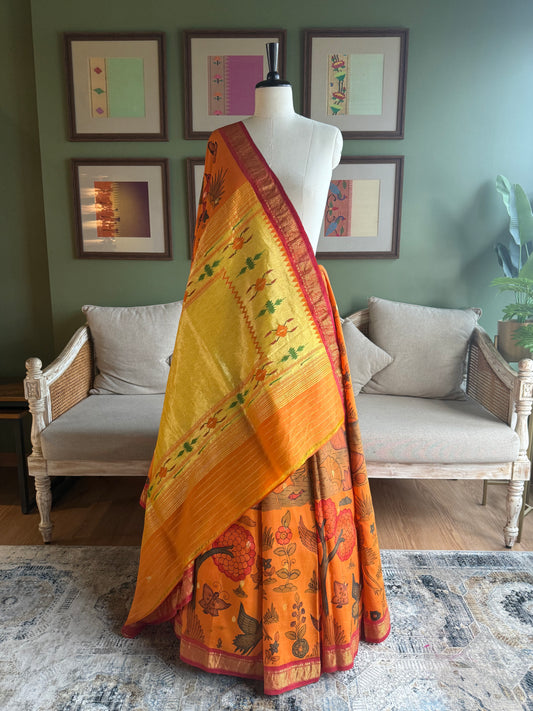 Orange Kalamkari x Paithani with Tava Pallu