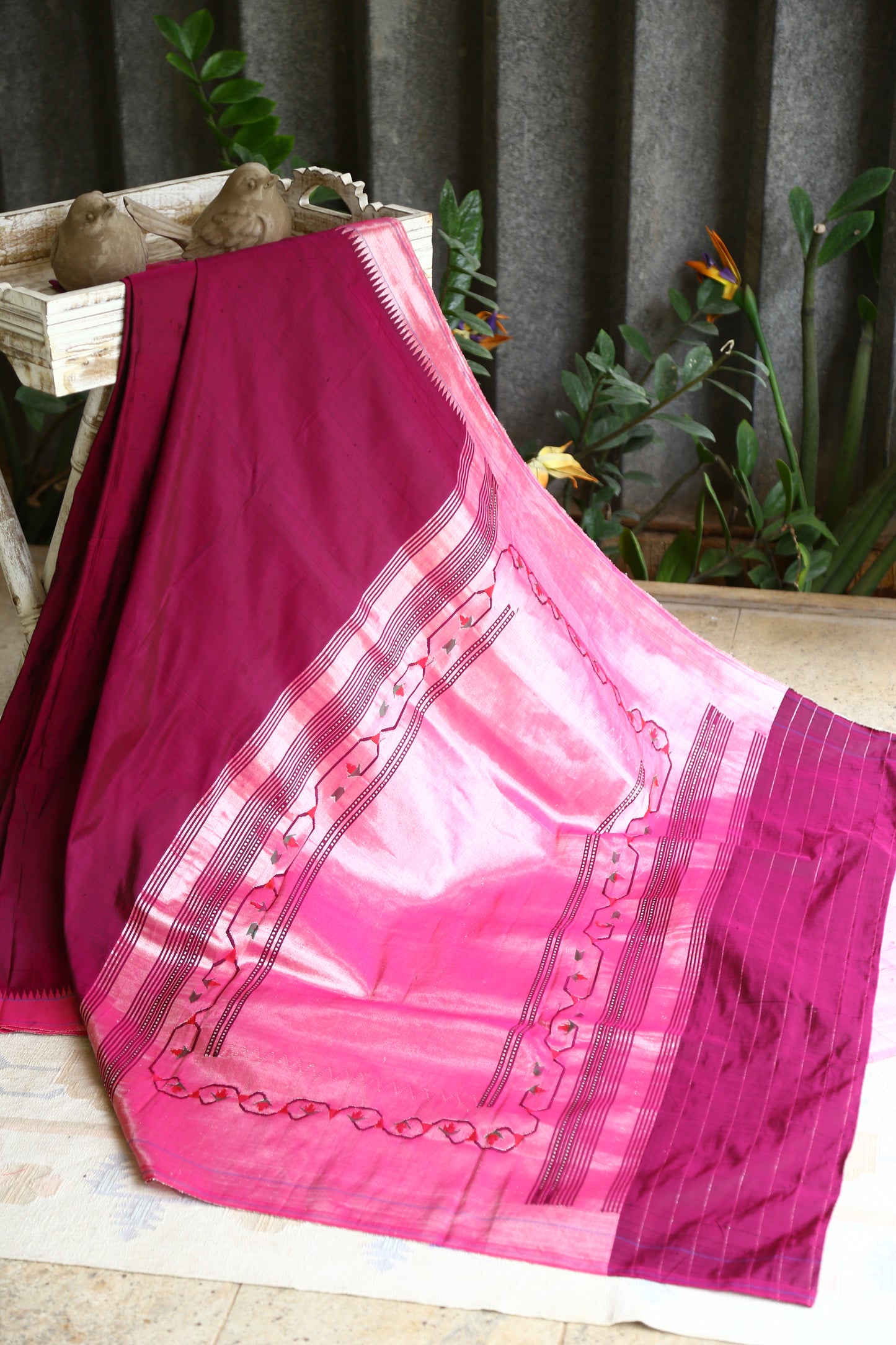 Magenta and Silver Tava Patti Paithani