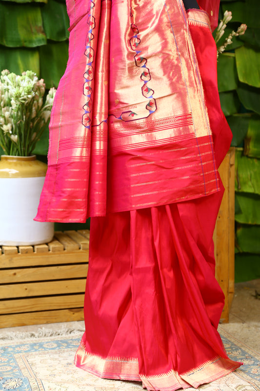 Red and Gold Tava Patti Paithani