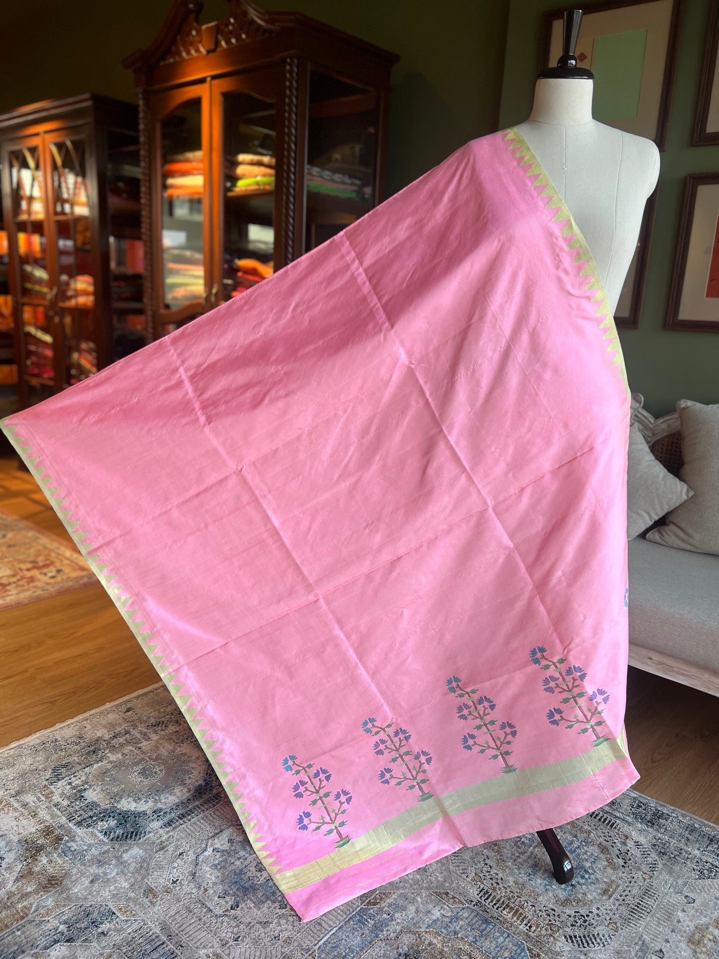 Baby Pink Dupatta with Zig Zag Border and Asavali Pallu