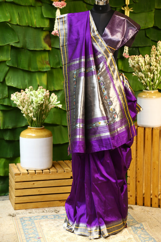 Purple and Silver Tava Patti Paithani