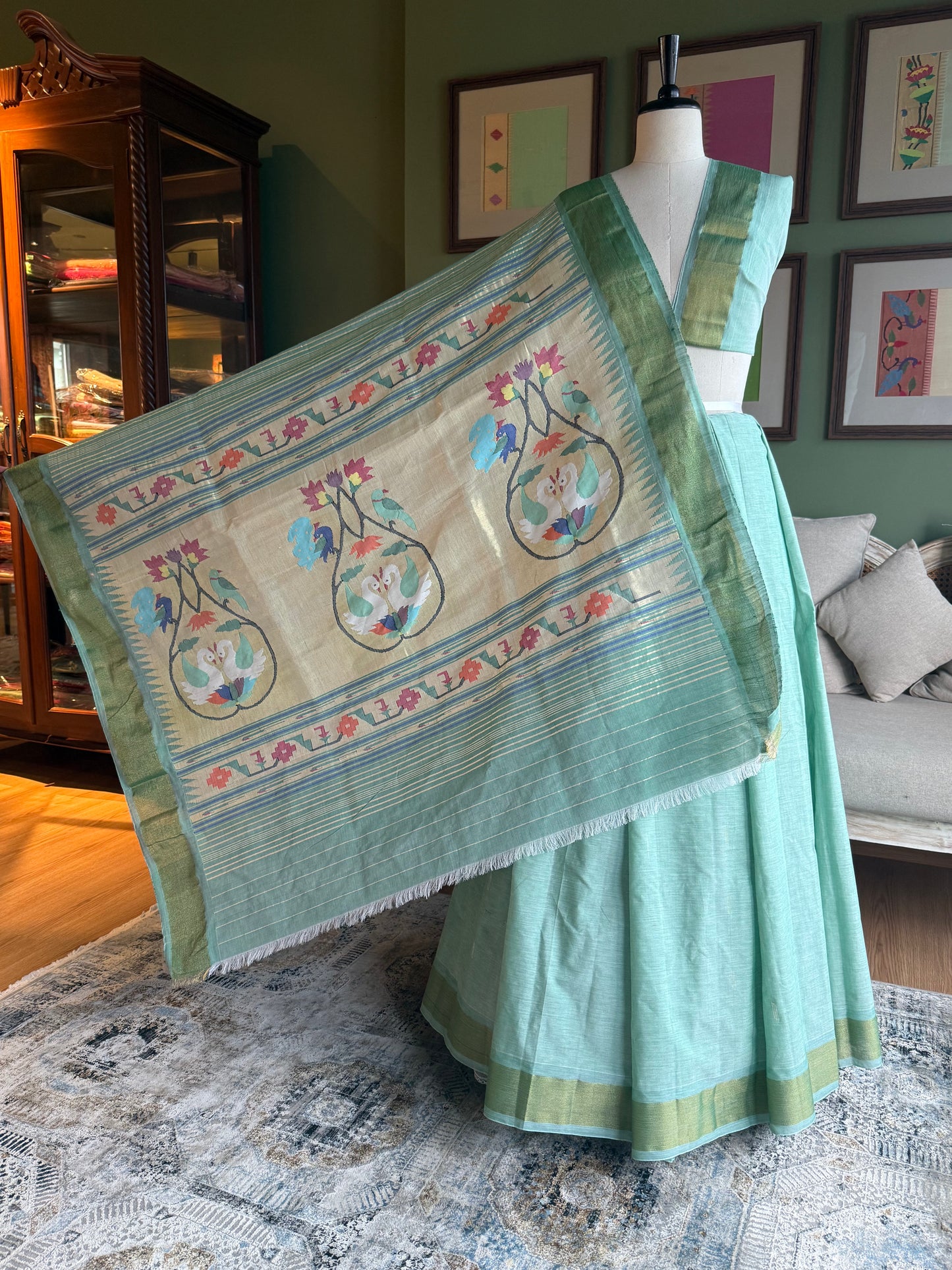 Dull Green Paithani with Grand Peacock Pallu