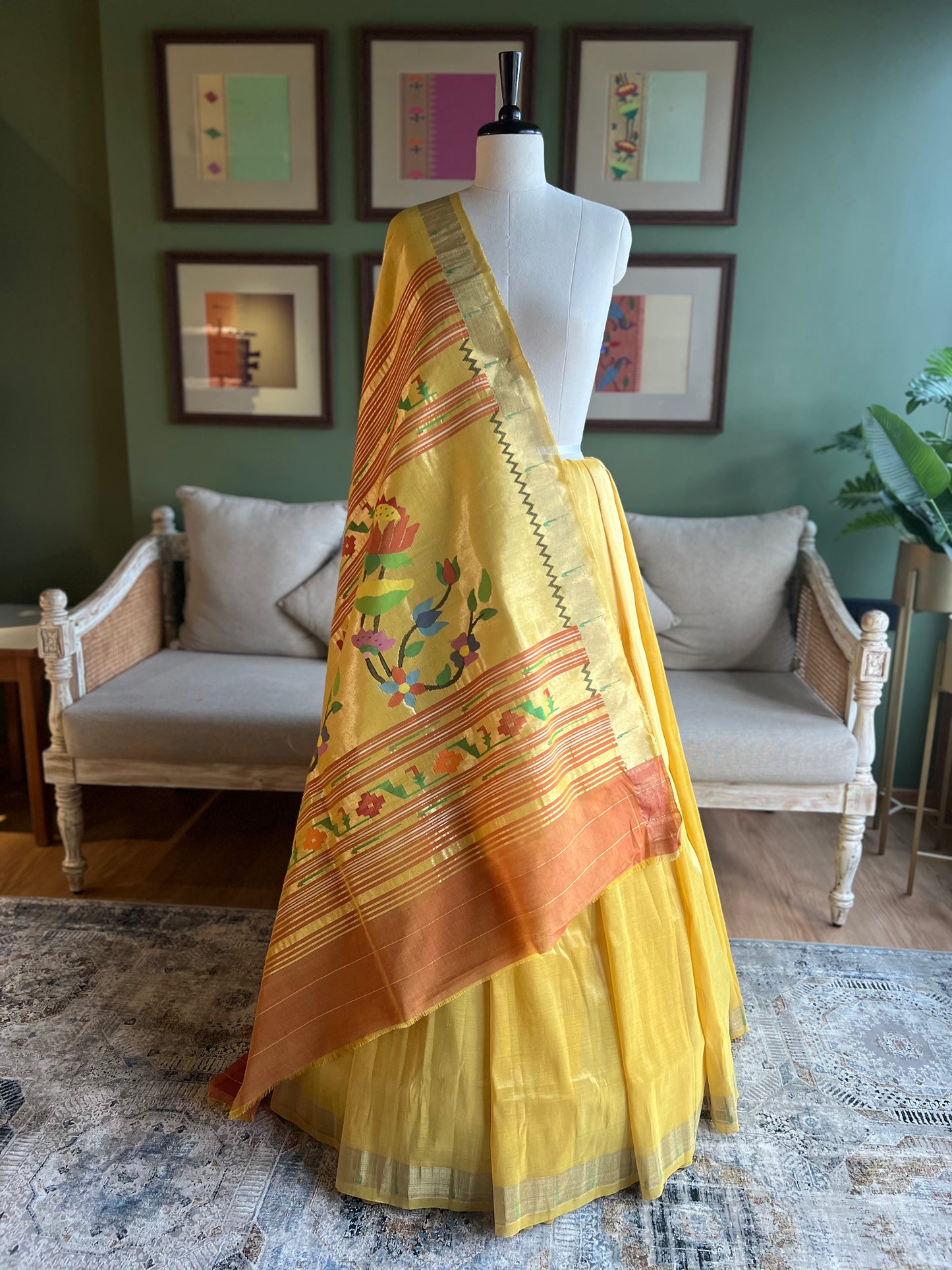 Golden Yellow Cotton Tissue Paithani with Lotus Pallu