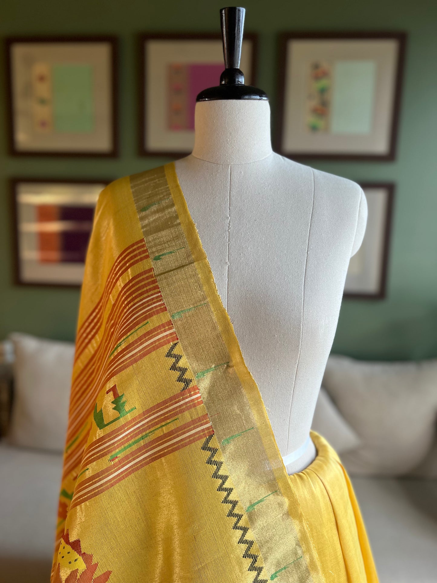 Golden Yellow Cotton Tissue Paithani with Lotus Pallu